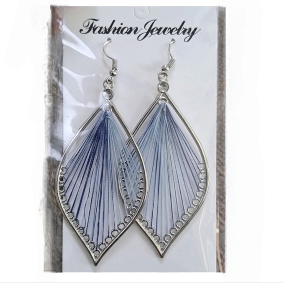 Silk Teardrop Woven Thread Statement Earrings Two Tone Blue and Silver NWT - Picture 4 of 4